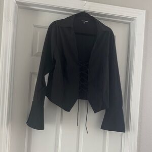 Fashion Nova Black Pinstripe Lace-Up Blazer